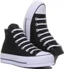 A pair of black high-top Converse Chuck Taylor All Star sneakers with white laces and platform soles, presented against a white background. Voir les images du produit