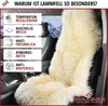 A sheepskin car seat cover is shown in a car interior, with text highlighting its features. Produktbild-Vorschau