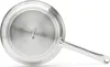 The bottom of a stainless steel frying pan is shown against a white background. Voir les images du produit