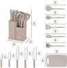A product image displaying a kitchen utensil set and knives with dimensions indicated by measurement lines and text. Produktbild-Vorschau