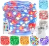 A collage of various LED string lights in different colors and configurations, along with a remote control and battery pack. Produktbild-Vorschau