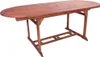An oval wooden dining table with a slatted top and a central umbrella hole, shown from a slightly elevated side angle against a white background. Produktbild-Vorschau