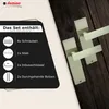 A graphic overlay lists the contents of a door handle set, with two door handles shown on a wooden background. Produktbild-Vorschau