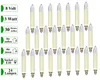A collection of small, cream-colored candle-shaped light bulbs arranged in rows against a white background, with green text boxes on the left side detailing specifications. Produktbild-Vorschau