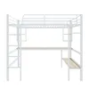 A white metal bunk bed with a desk and shelves, shown against a white background. Podgląd zdjęcia produktu