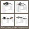 A collage of four images showing a white desk in different configurations, demonstrating its modularity and space-saving design. Anteprima dell’immagine prodotto