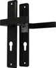 A black door handle set with two keyhole escutcheons is shown against a white background. Náhled obrázku produktu