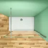A top-down view of a modern shower enclosure with a white shower tray, glass panels, and a wooden floor. Produktbild-Vorschau