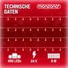 A red background with snowflake graphics and rows of lights, along with technical data icons and text. Náhled obrázku produktu