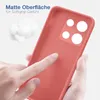A hand is touching a red phone case, highlighting its matte surface and soft grip. Produktbild-Vorschau