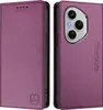 A purple leather flip wallet case for a phone, shown open and closed. Produktbild-Vorschau