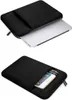 A black laptop sleeve shown from two angles. The top image shows a laptop partially inserted into the sleeve. The bottom image shows a smartphone and some pens inside the sleeve's front pocket. Náhľad obrázku produktu