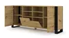 A wooden sideboard with black metal legs, shown with one door open and one drawer partially open. Náhled obrázku produktu