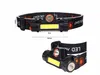 Two views of a black LED headlamp with a fabric strap, showing dimensions. Anteprima dell’immagine prodotto