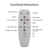 An image showing a remote control with labels indicating its functions. Produktbild-Vorschau