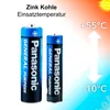Two Panasonic batteries are shown with temperature indicators and text in German. Produktbild-Vorschau