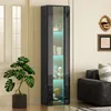 A modern black display cabinet with LED lighting is shown in a living room setting. Produktbild-Vorschau
