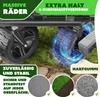 Close-up of a wheel of a cart on grass and stones, with marketing text overlays. Produktbild-Vorschau