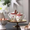 Two mugs of hot chocolate with whipped cream and cinnamon sticks, next to a bowl of nuts and cookies, with white flowers and pine branches in the background. Náhled obrázku produktu