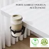 A white desk with a cup holder attached to the edge, holding a cup. Voir les images du produit