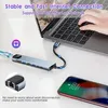 A laptop, a USB-C hub, and a smartphone are shown on a desk, demonstrating connectivity options. Produktbild-Vorschau