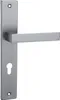 A silver-colored door handle with a rectangular plate and a keyhole cutout, set against a white background. Produktbild-Vorschau