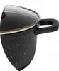 A close-up view of the handle and rim of a black speckled pot with a glass lid. Produktbild-Vorschau