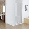 A modern bathroom with a walk-in shower, vanity, and wooden cabinet. Produktbild-Vorschau