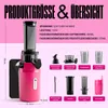 A pink juicer with various accessories and product specifications displayed on a pink and white background. Náhled obrázku produktu