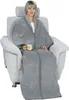 A woman sits in a chair wearing a gray blanket and holding a mug. Náhled obrázku produktu