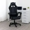 A black gaming chair is shown in a home office setting.