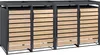 A row of four modern trash bin enclosures with wooden-look doors and a flat top. Produktbild-Vorschau