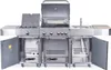 A stainless steel outdoor kitchen unit with multiple burners, a sink, and storage compartments, shown with its doors open. Produktbild-Vorschau