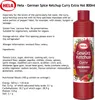 A product shot of a bottle of Hela German Spice Ketchup Curry Extra Hot, with descriptive text and nutritional information. Produktbild-Vorschau