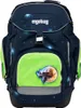 A front view of a dark blue backpack with a space-themed pattern and neon green accents. Produktbild-Vorschau
