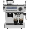 A chrome espresso machine with a built-in grinder, brewing coffee into two glasses. Produktbild-Vorschau