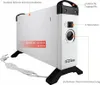 A white convection heater with black accents and feet, shown from a three-quarter angle with marketing annotations. Produktbild-Vorschau
