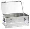 An open aluminum storage box with a blue handle and a key in the lock. Voir les images du produit