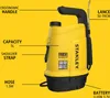A yellow battery-powered pressure sprayer with labels indicating its features. Podgląd zdjęcia produktu