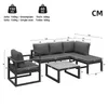 A diagram showing the dimensions of a grey outdoor furniture set, including a sofa, armchair, and coffee table. Anteprima dell’immagine prodotto