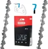 A collage of chainsaw chains, a box of chains, and diagrams illustrating chain parts. Anteprima dell’immagine prodotto