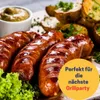 Grilled sausages with potatoes and mustard on a wooden board, with a promotional overlay. Produktbild-Vorschau