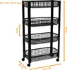 A black four-tier kitchen trolley with wheels, shown against a white background. Dimensions are indicated with orange arrows and text. Voir les images du produit