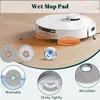 A robotic vacuum cleaner with mop pads on a wooden floor, with close-up shots of the mop pads and their features. Produktbild-Vorschau