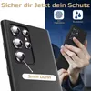 A close-up of a phone case with a hand holding a phone in the background, with marketing text and icons. Produktbild-Vorschau