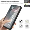 A hand holding a black phone case with a screen protector on a white background, with marketing text and icons. Produktbild-Vorschau