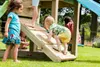 Children playing on a wooden playground with a slide and climbing ramp. Produktbild-Vorschau