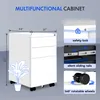 A collage of images showcasing a white, multi-drawer filing cabinet, highlighting its features like a safety lock, silent sliding rails, and rotatable wheels. Dimensions are also indicated. Anteprima dell’immagine prodotto