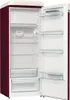 An open retro-style refrigerator with burgundy exterior and cream top. Produktbild-Vorschau