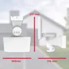 Diagrams showing the dimensions of a security sensor on a blurred background of a house. Produktbild-Vorschau